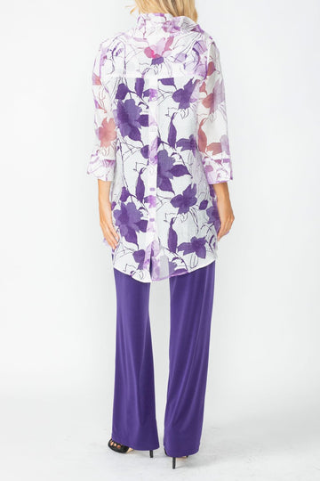 Purple Burnout Floral Print Wire Ruffle Collar Button Front Top